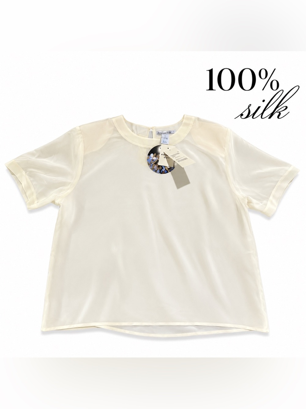 Anna and Frank 100% Silk Ivory Blouse Sheer Short Sleeve Top L